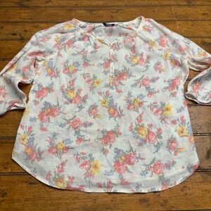 Chaps Denim Women Floral Print Long‎ Sleeve Blouse Top Size LG